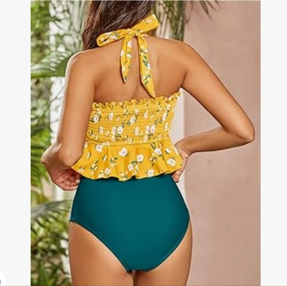 Womens High Waisted Peplum Halter Tankini Ruffle Floral Print Teen Modest Bikini - Picture 3 of 6